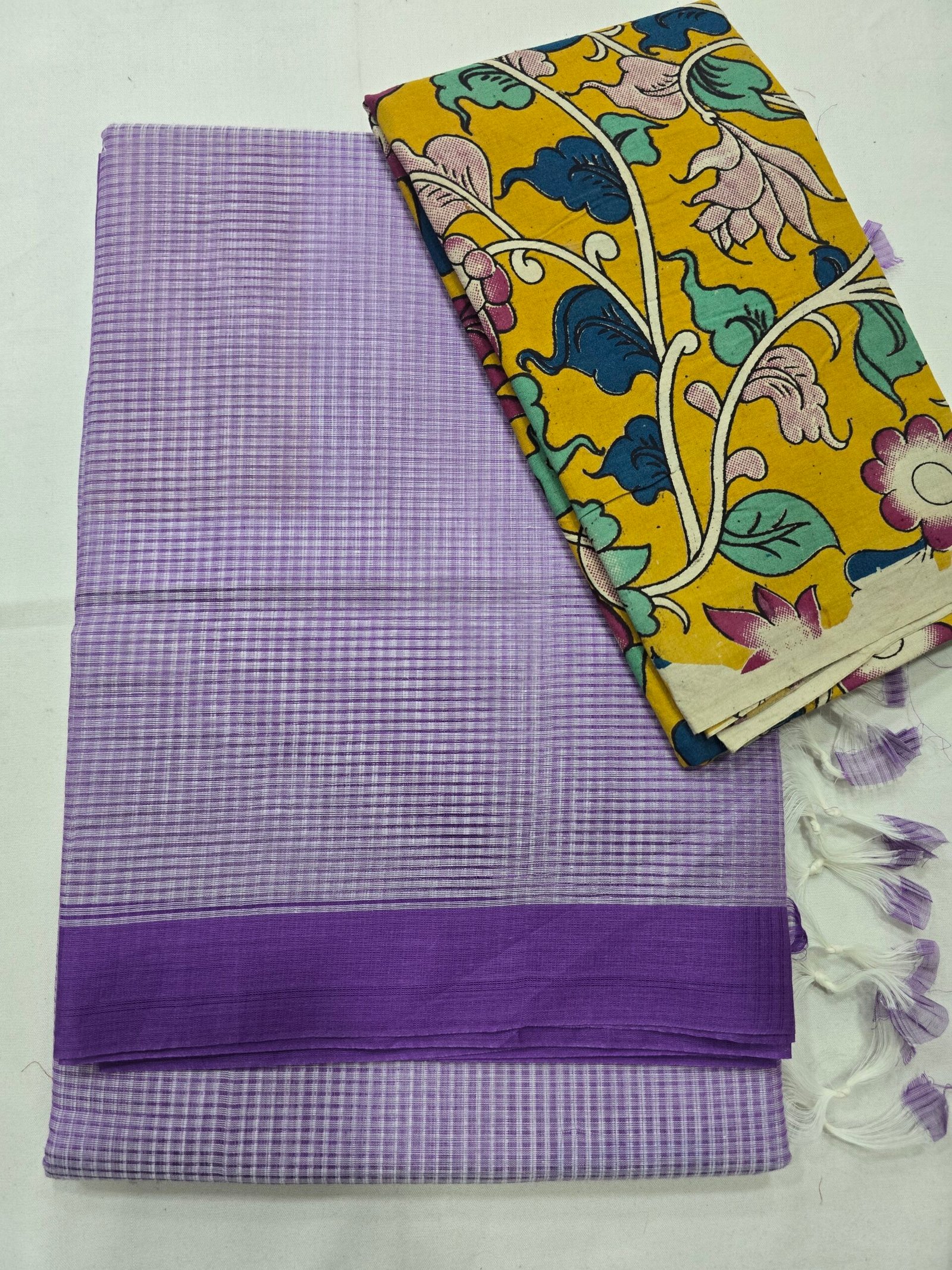 Lavender Handloom Cotton Saree With Kalamakari Blouse