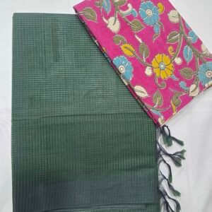 Dark Green Handloom Cotton Saree With Kalamakari Blouse