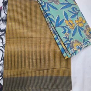 Mustard Handloom Cotton Saree With Kalamakari Blouse