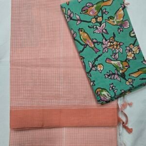 Peach Handloom Cotton Saree With Kalamakari Blouse