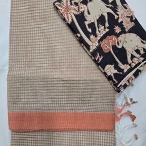 Beige Handloom Cotton Saree With Kalamakari Blouse