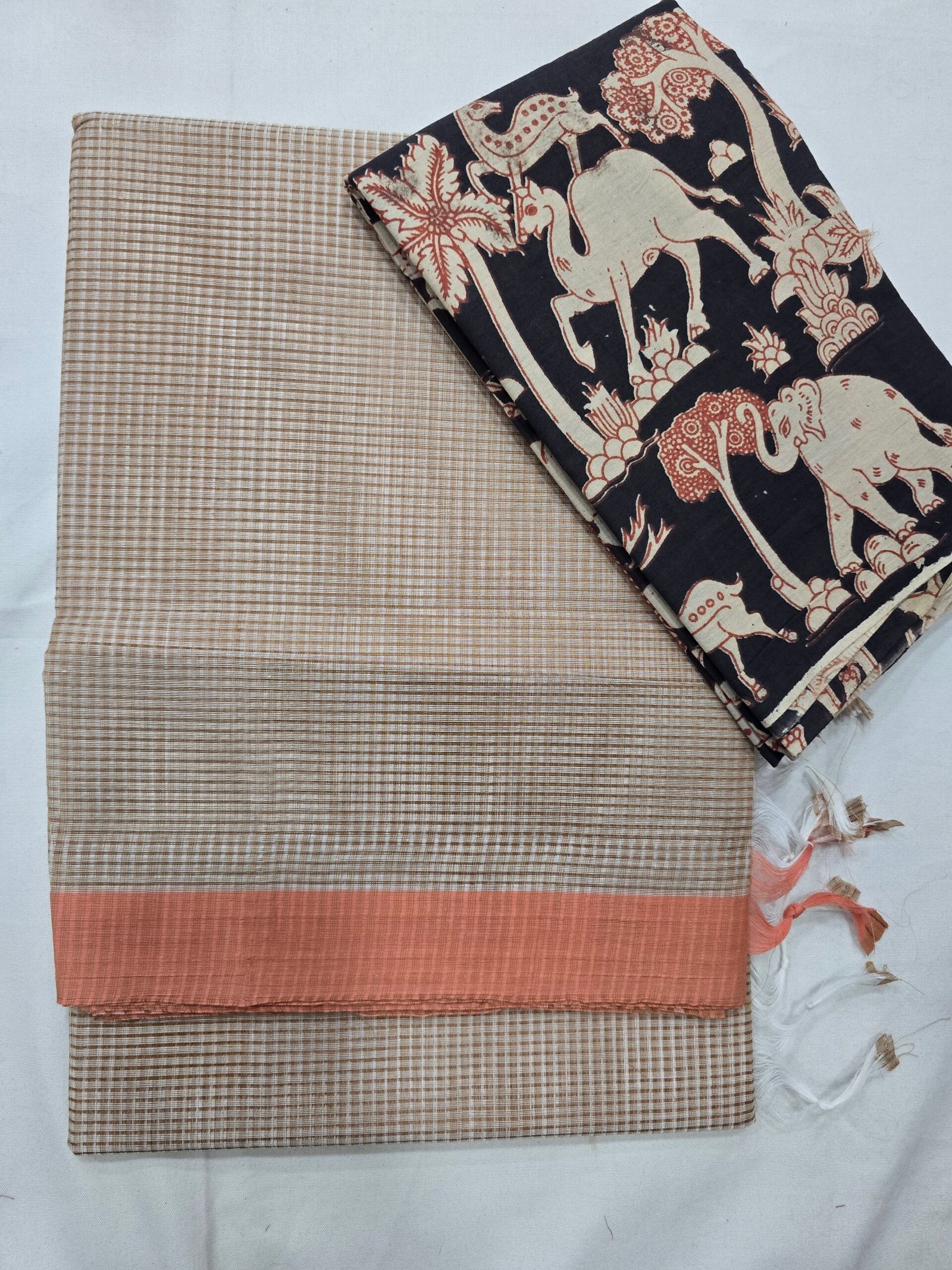 Beige Handloom Cotton Saree With Kalamakari Blouse