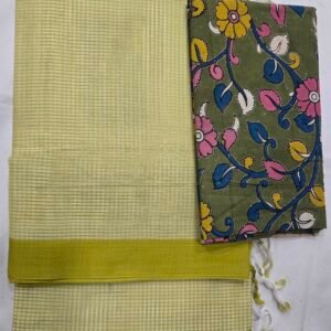 Mehendi Green Handloom Cotton Saree With Kalamakari Blouse