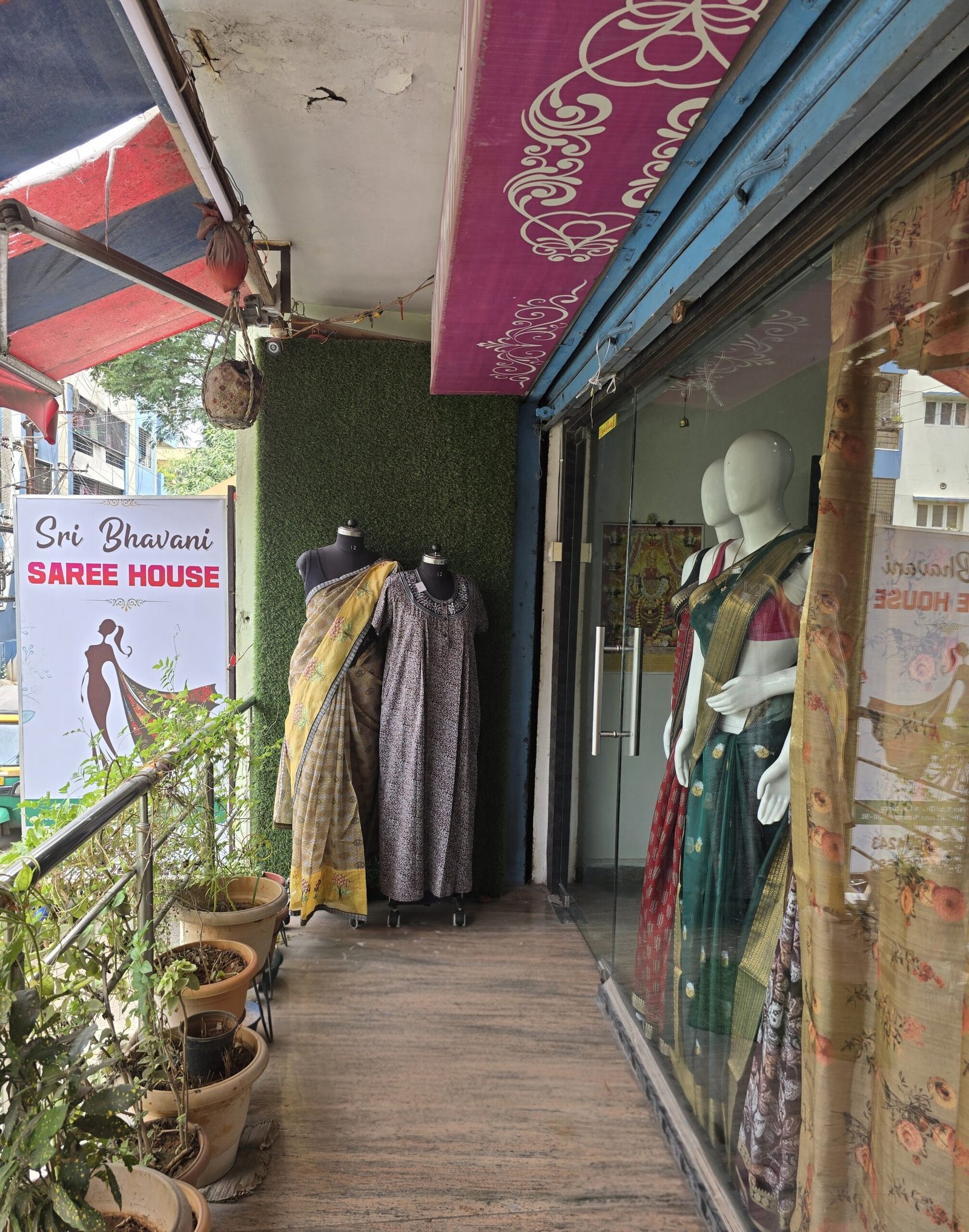 Sarees displayed at the entrance of Sri Bhavani Saree House