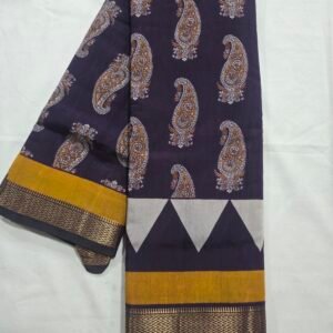 Navy Chanderi printed saree with elephant motifs and mustard border