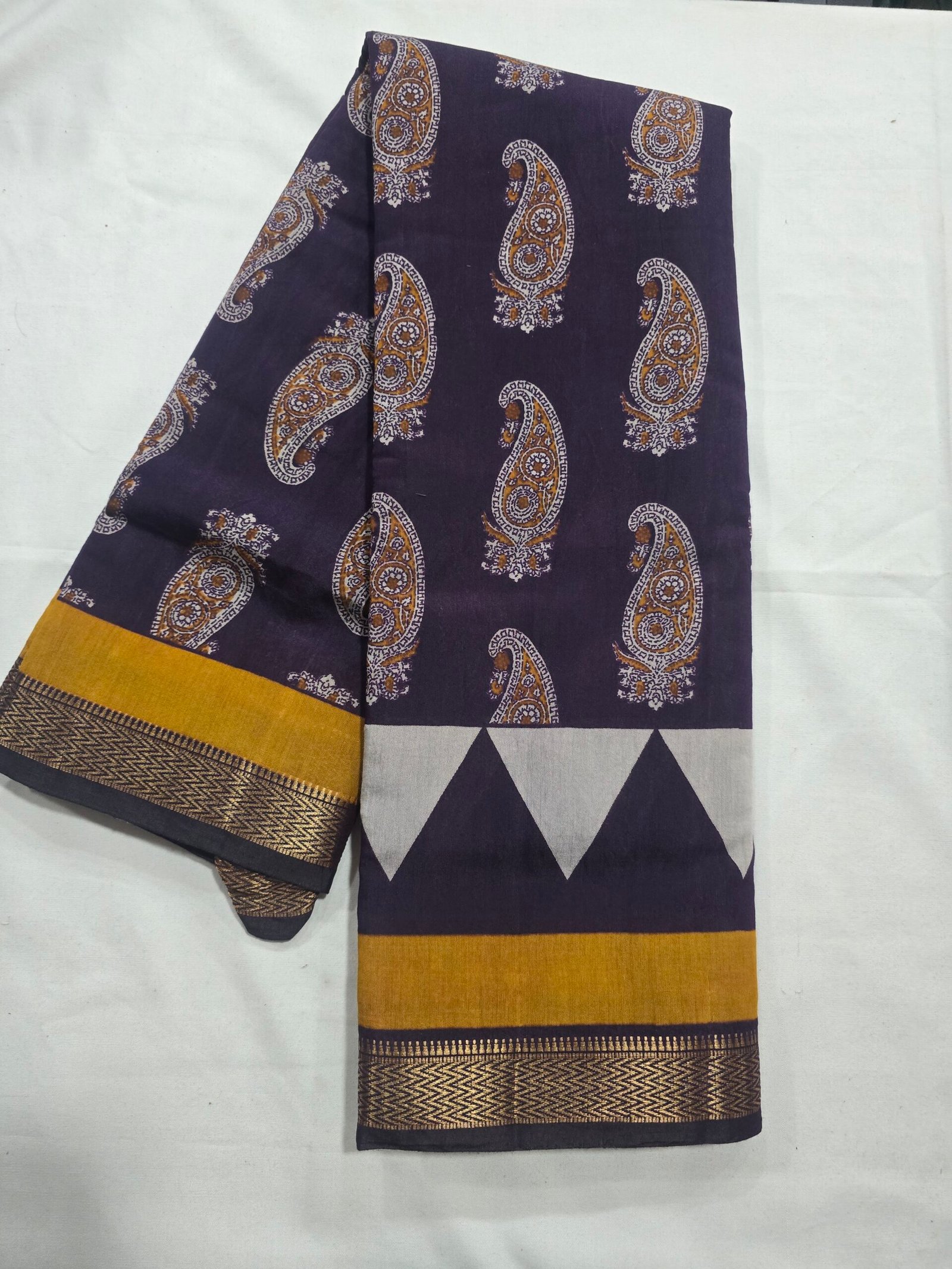 Navy Chanderi printed saree with elephant motifs and mustard border