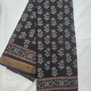 Charcoal grey Chanderi printed saree with floral motifs