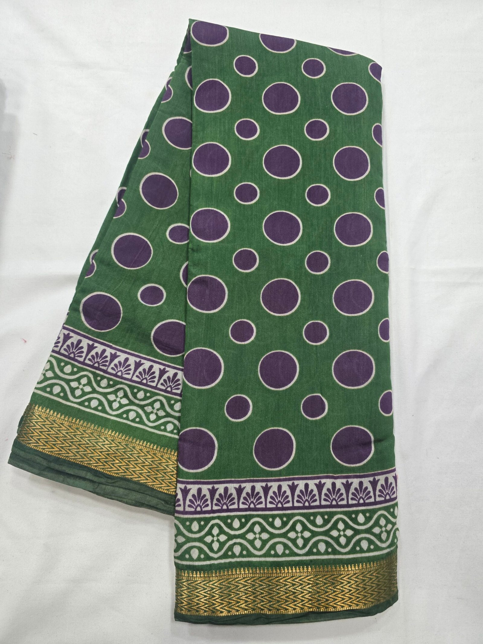 Purple and green polka dot Chanderi printed saree