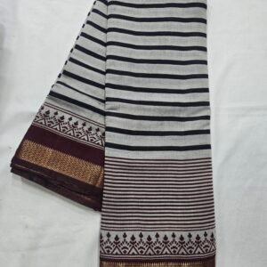 Black and white striped Chanderi printed saree with dark border
