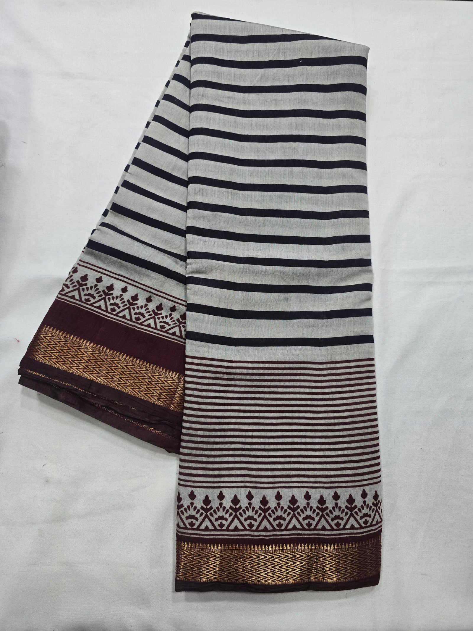 Black and white striped Chanderi printed saree with dark border