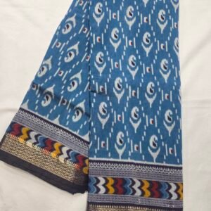 Blue Chanderi printed saree with paisley motifs and multicolour border