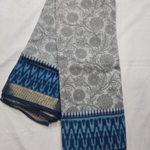 Grey Chanderi printed saree with floral motifs and blue border