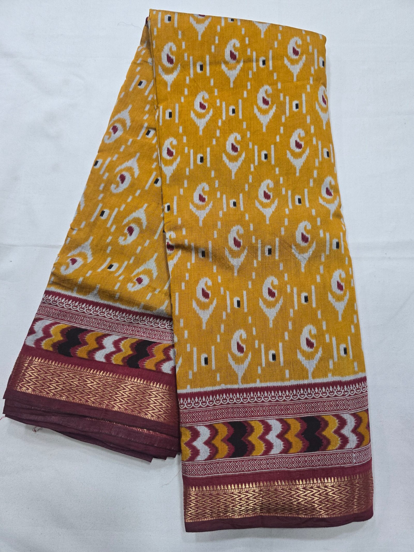 Mustard Chanderi printed saree with paisley motifs