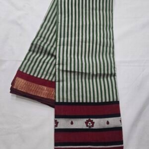 Green and cream striped Chanderi printed saree with maroon border