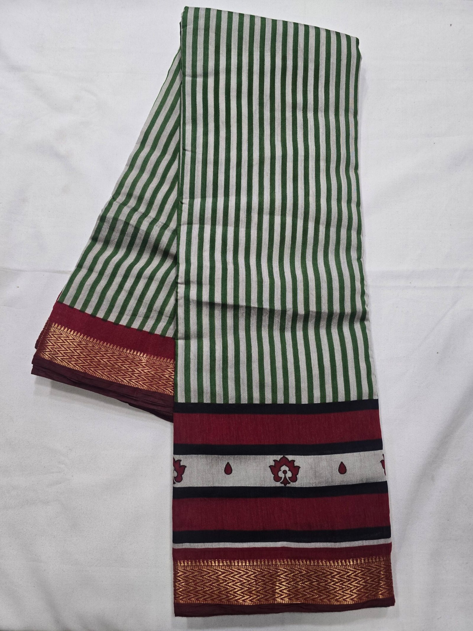 Green and cream striped Chanderi printed saree with maroon border