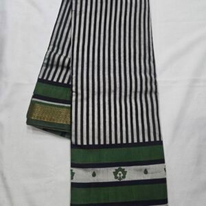 Black and white striped Chanderi printed saree with green border