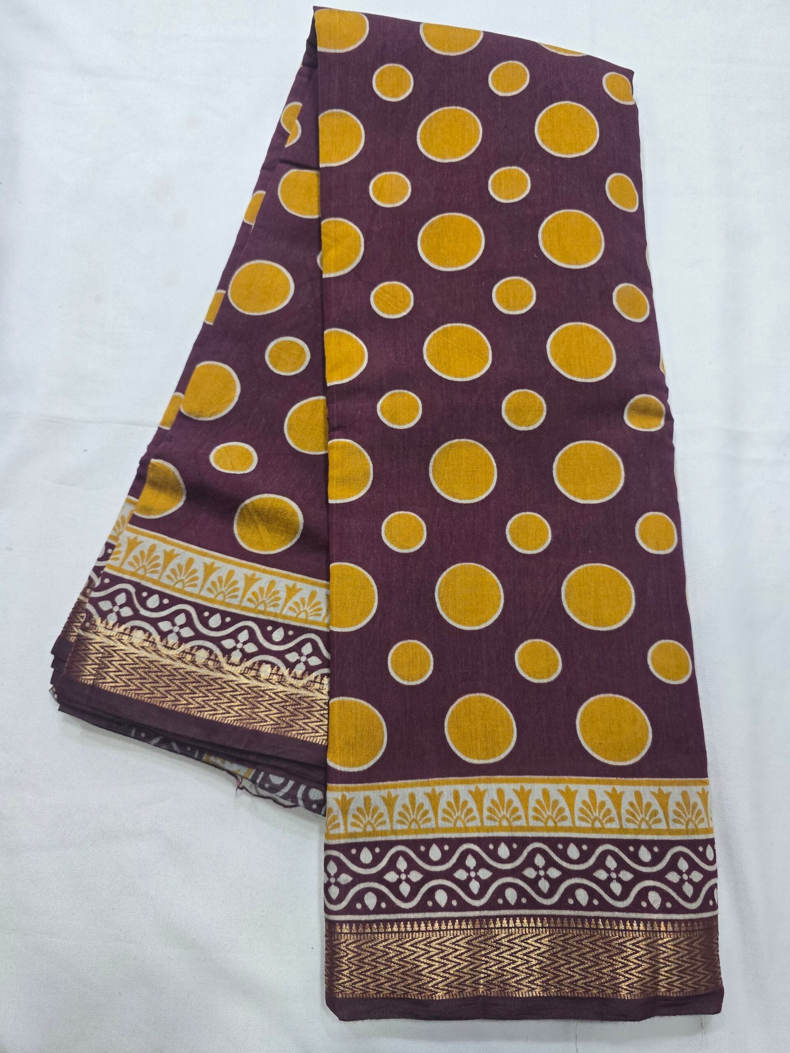 Purple and mustard polka dot Chanderi printed saree