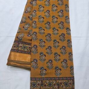Mustard Chanderi printed saree with floral motifs