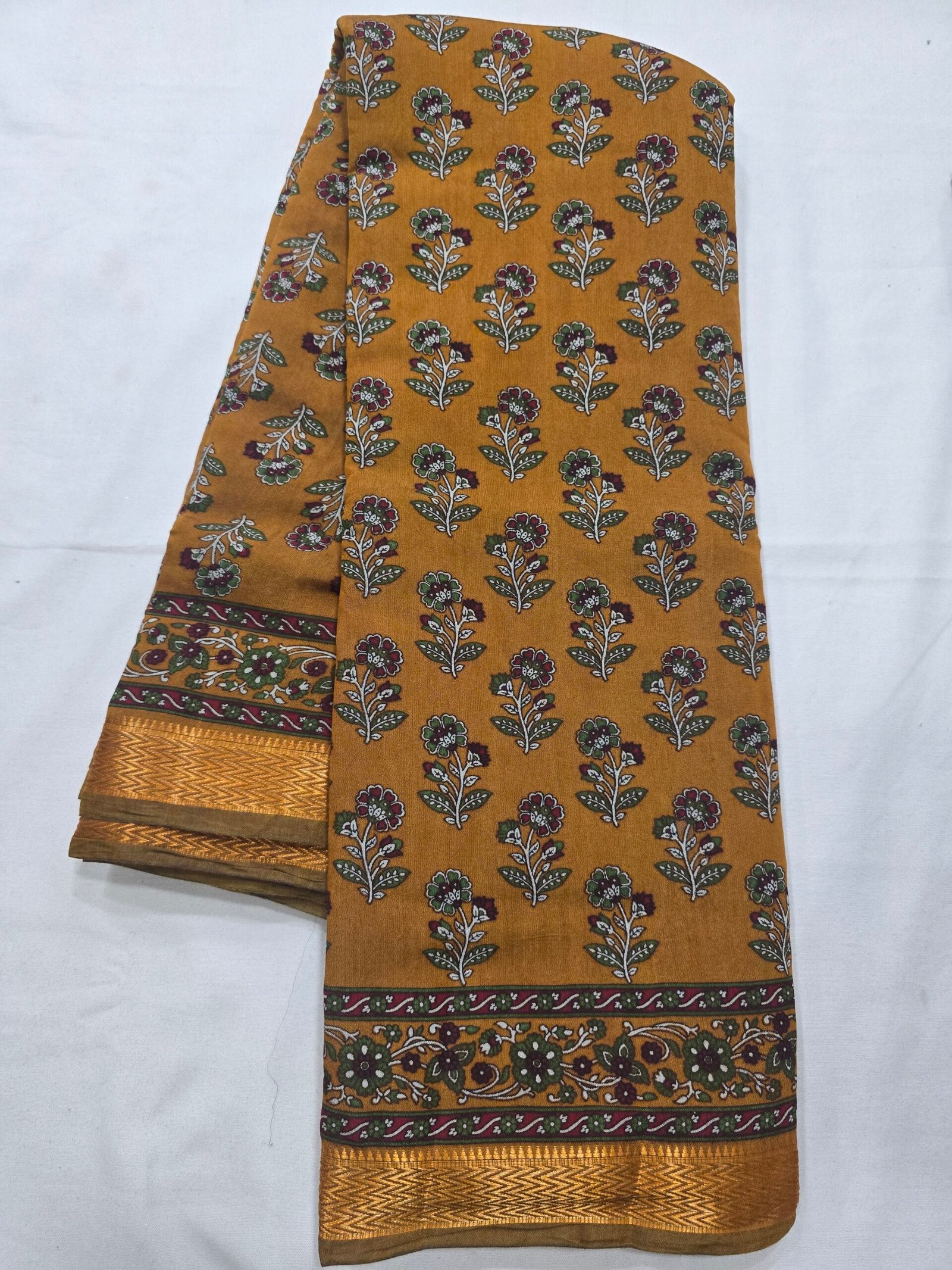 Mustard Chanderi printed saree with floral motifs
