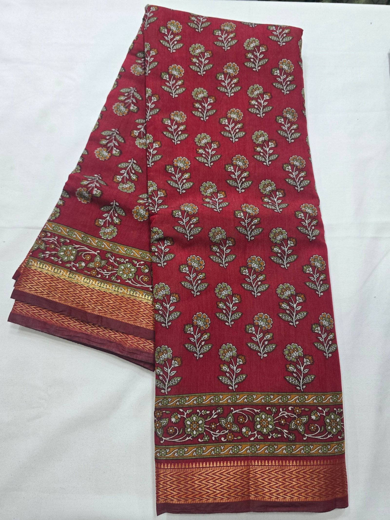 Red Chanderi printed saree with floral motifs