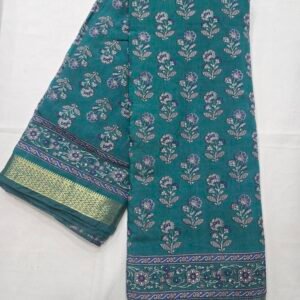 Teal Chanderi printed saree with floral motifs