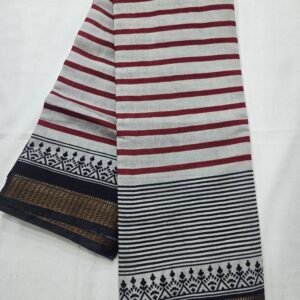 Maroon and black striped Chanderi printed saree