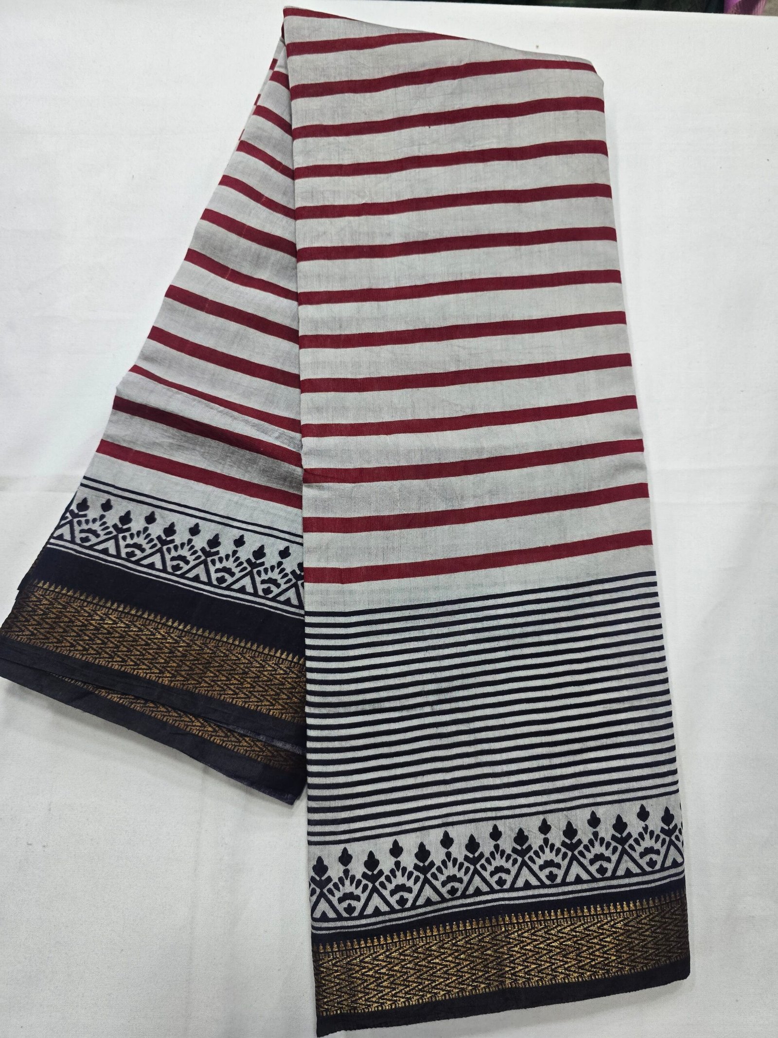 Maroon and black striped Chanderi printed saree