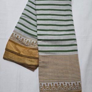 White and green striped Chanderi printed saree