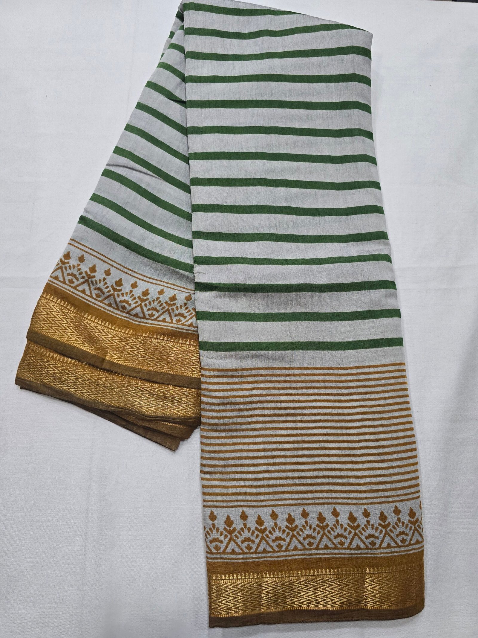 White and green striped Chanderi printed saree