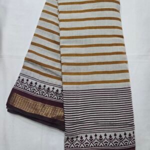 Cream and Mustard Stripe with Brown Border - Chanderi Printed Saree