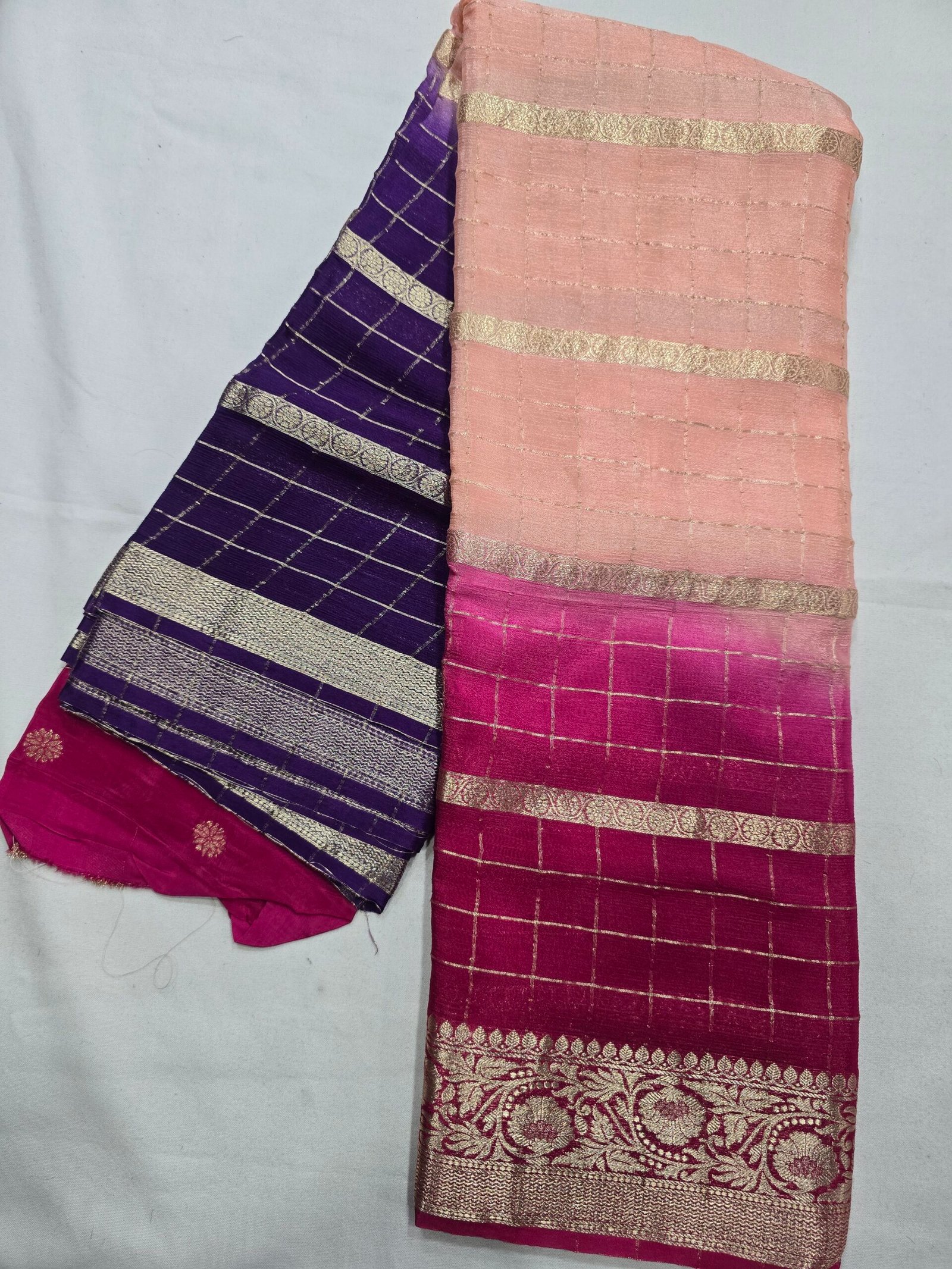 Peach fuchsia and navy multicolour Pure Crape Saree
