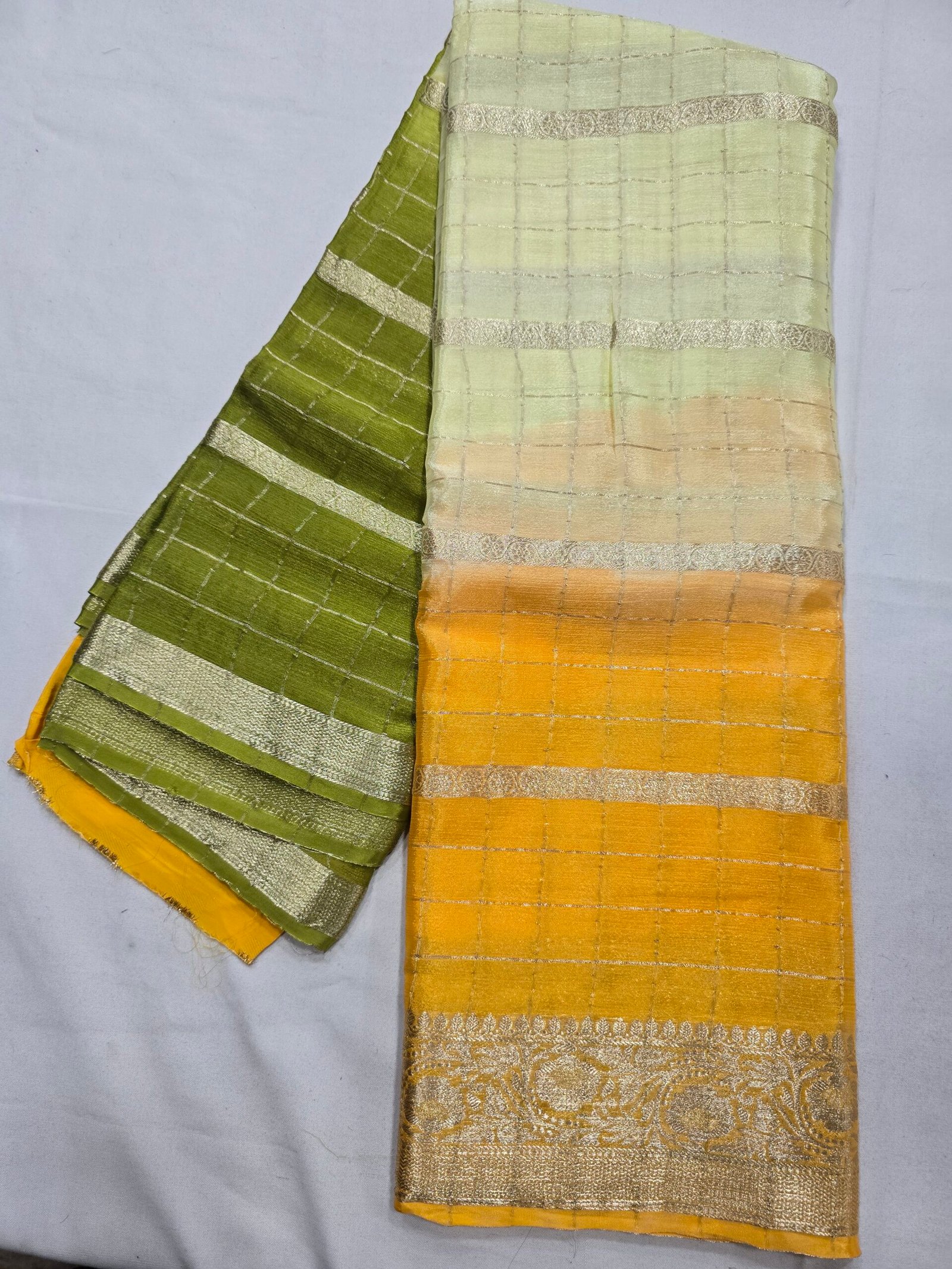 Cream mustard and olive multicolour Pure Crape Saree