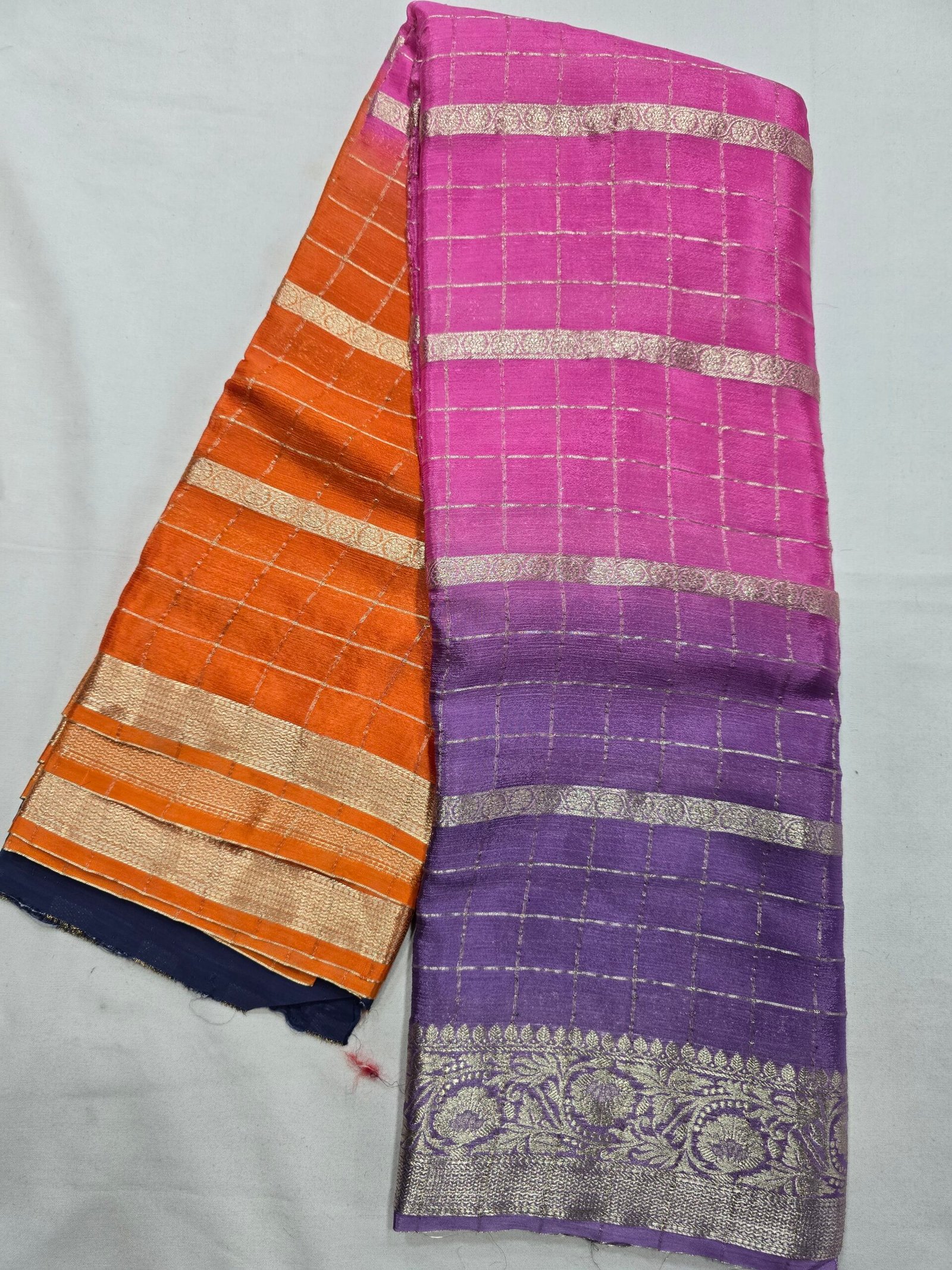 Pink orange and navy multicolour Pure Crape Saree