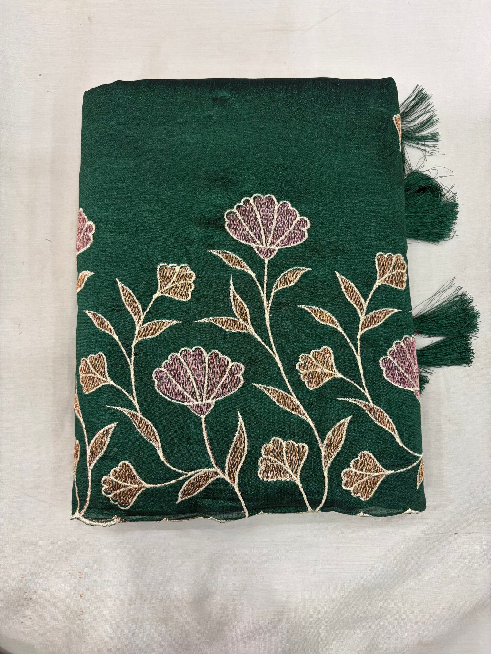 Dark green Raw Silk Cut Work Saree