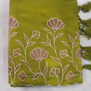 Olive green Raw Silk Cut Work Saree