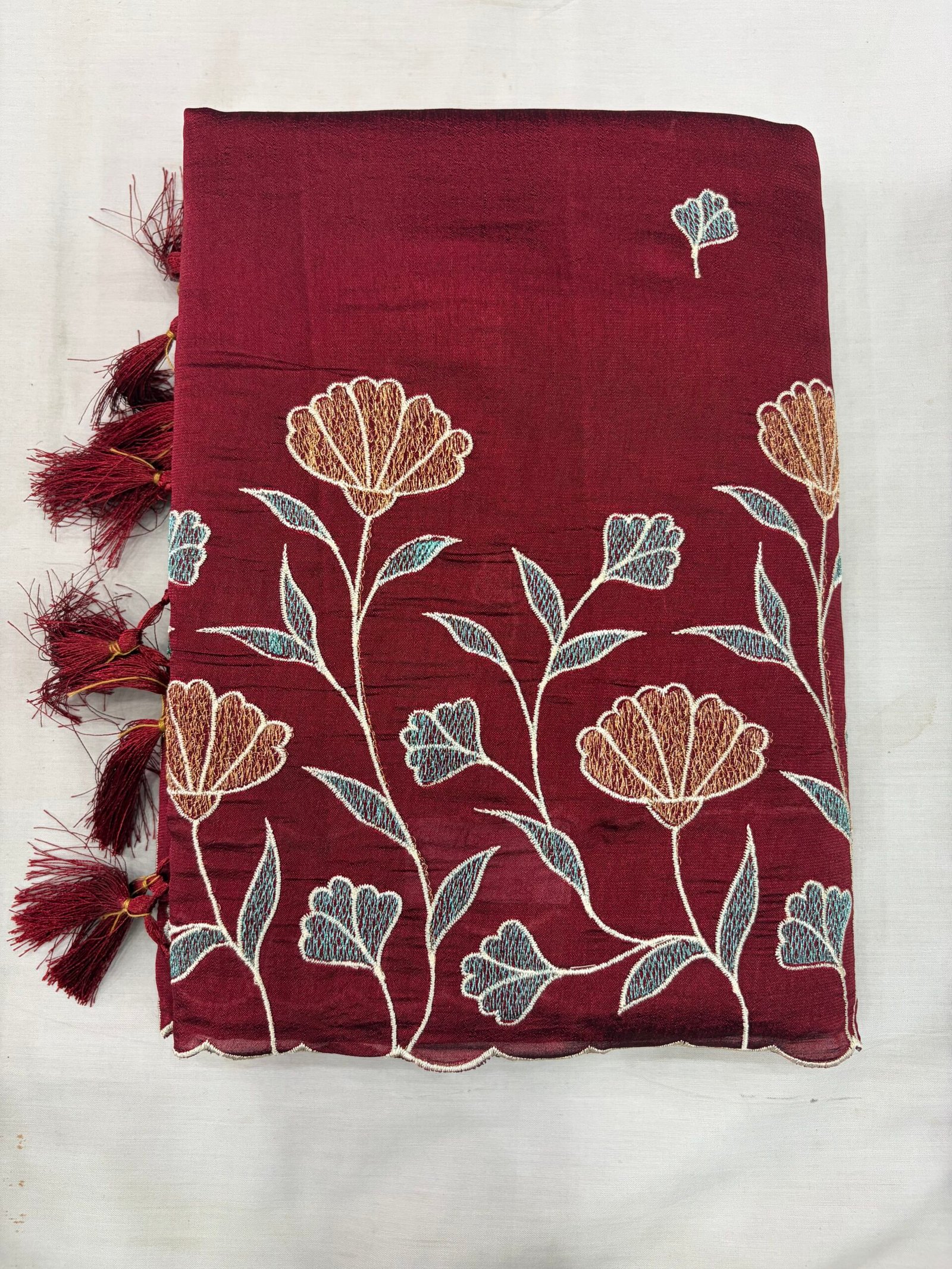 Maroon Raw Silk Cut Work Saree