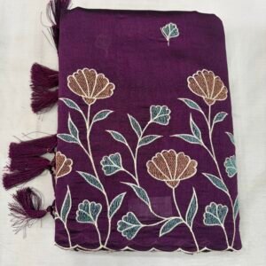 Wine purple Raw Silk Cut Work Saree