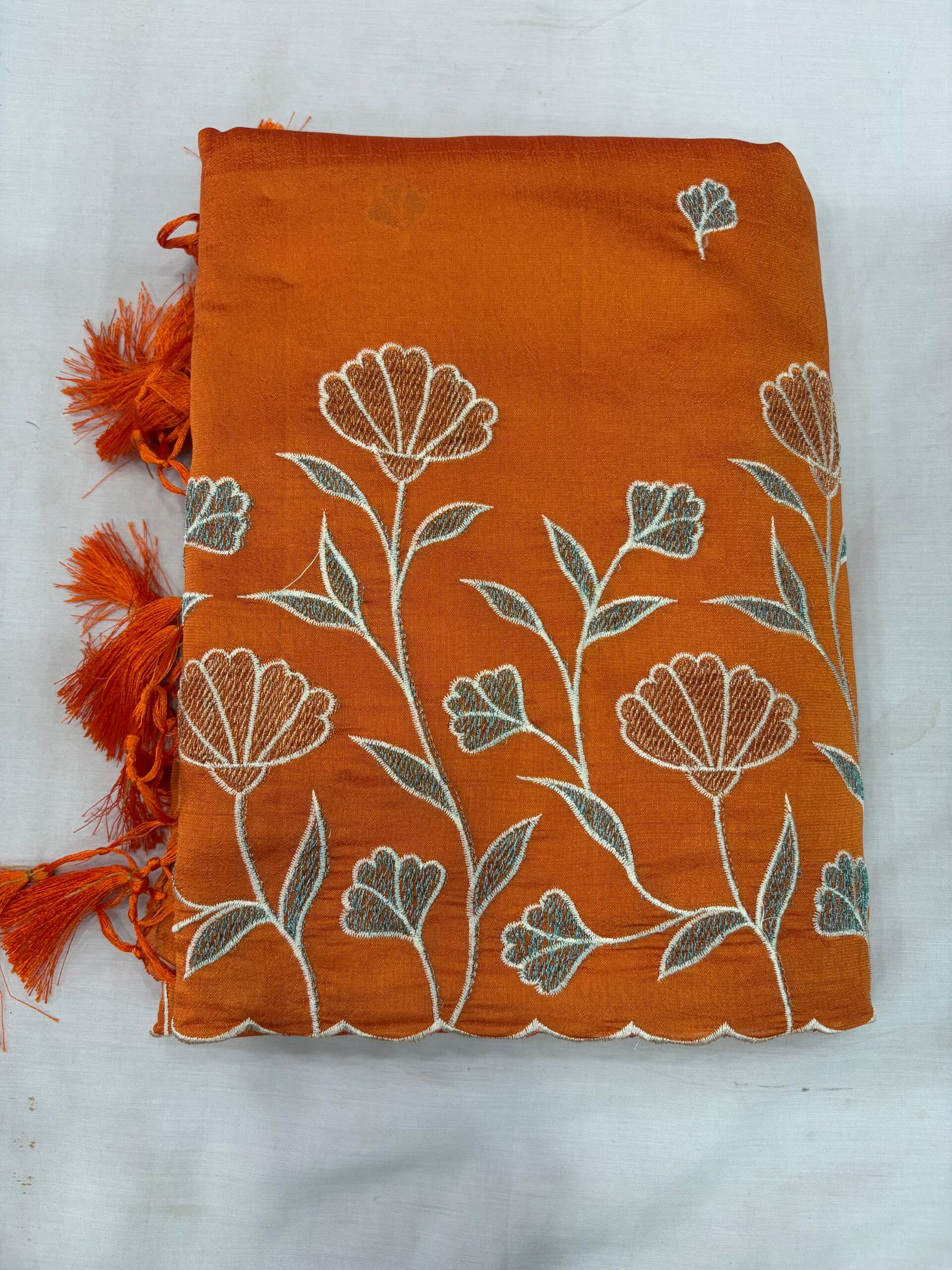 Orange Raw Silk Cut Work Saree