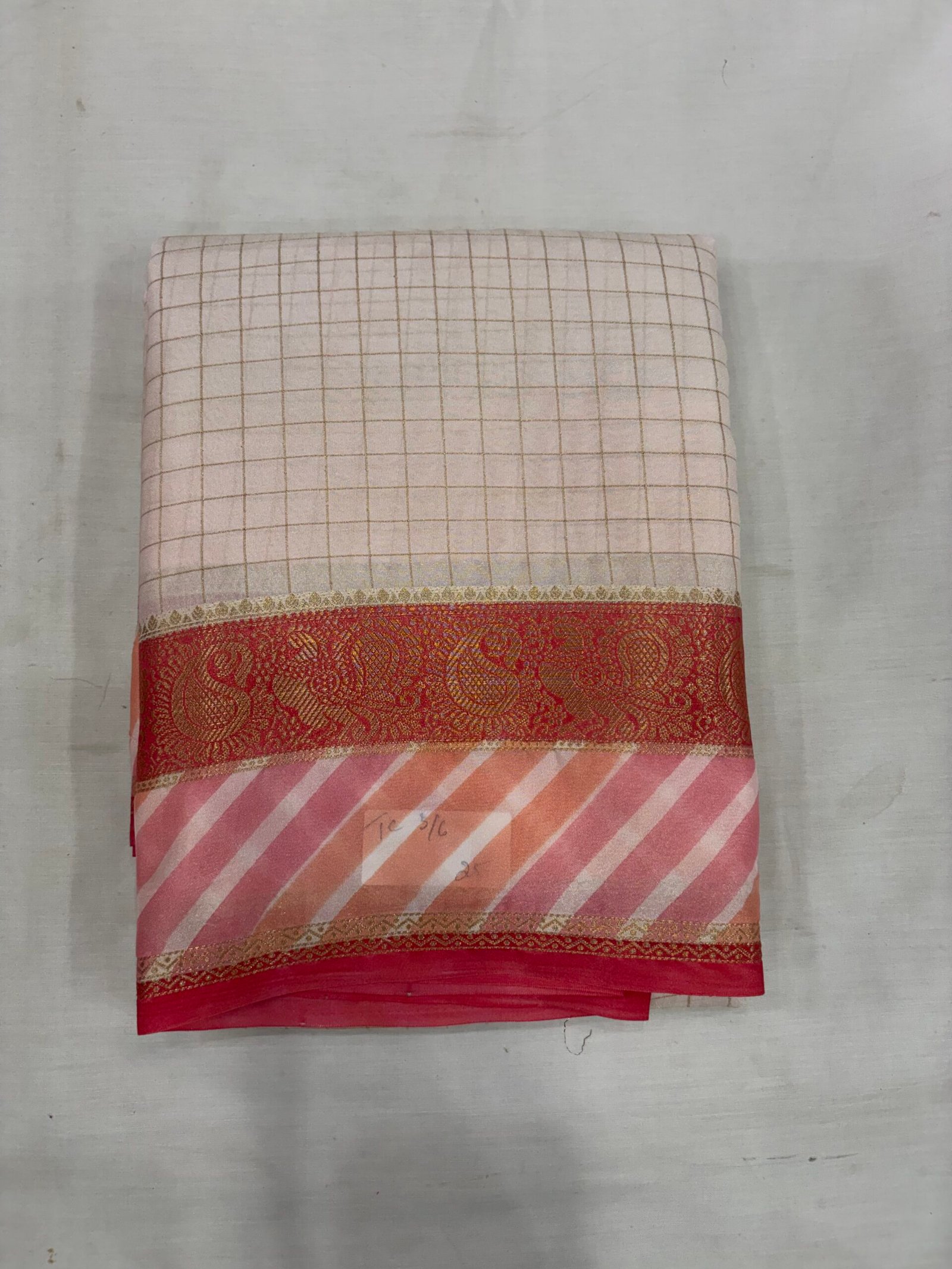 Cream and red Crepe Chigori Border Saree